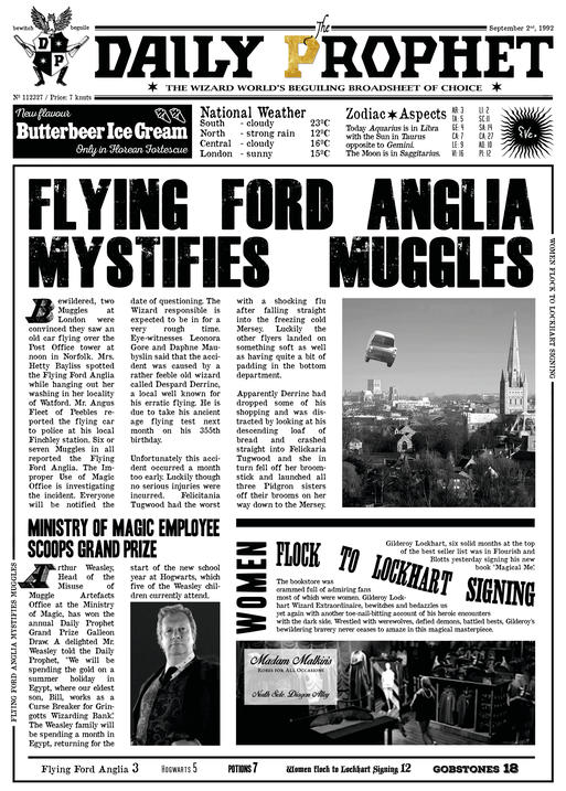 A3 Print - Harry Potter - Daily Prophet - Flying Ford Anglia
