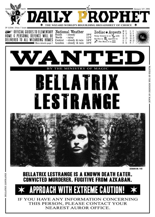A3 Print - Harry Potter - Daily Prophet - Wanted Bellatrix Lestrange