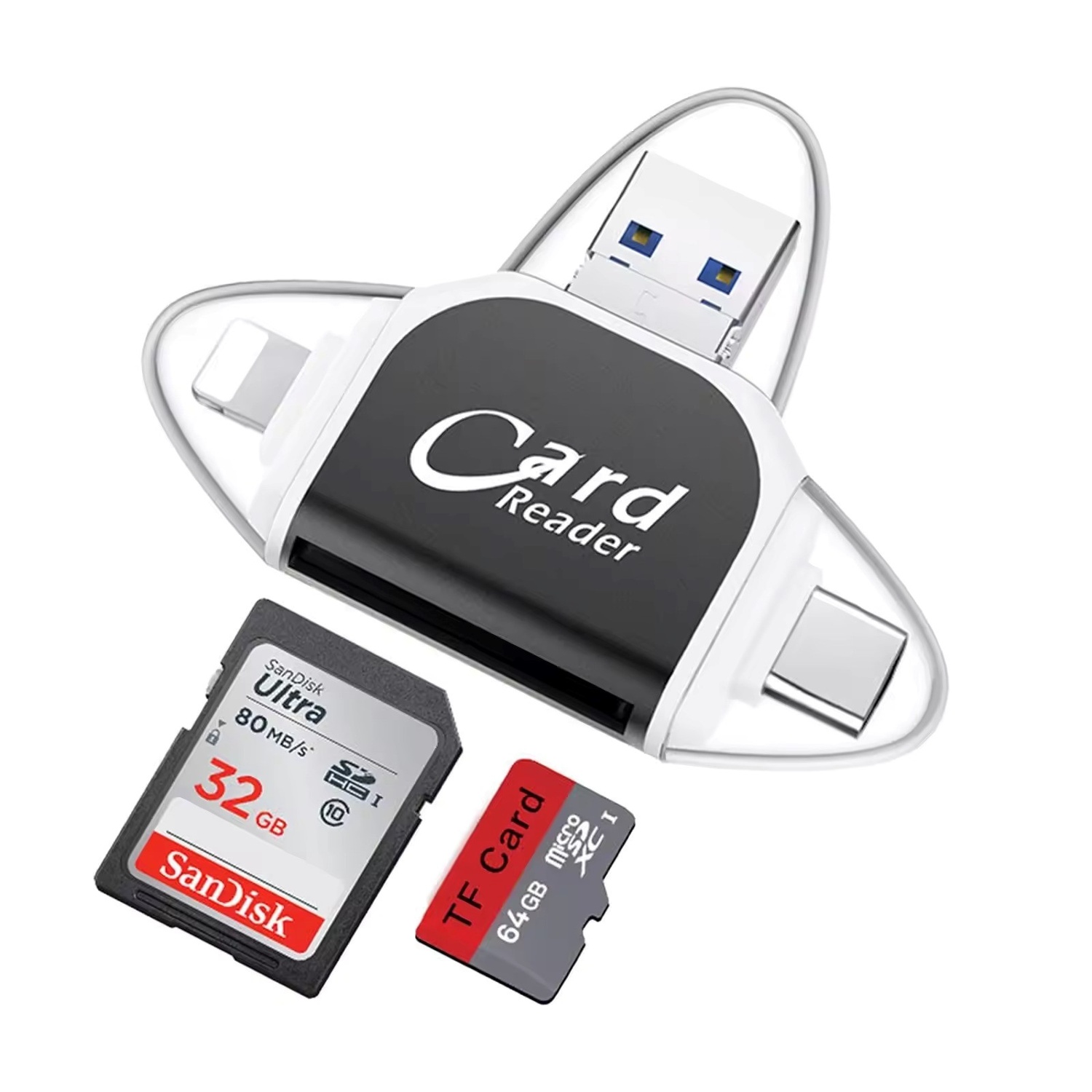 Multiport 4-i-1 kortleser, USB C SD TF minnekortleser