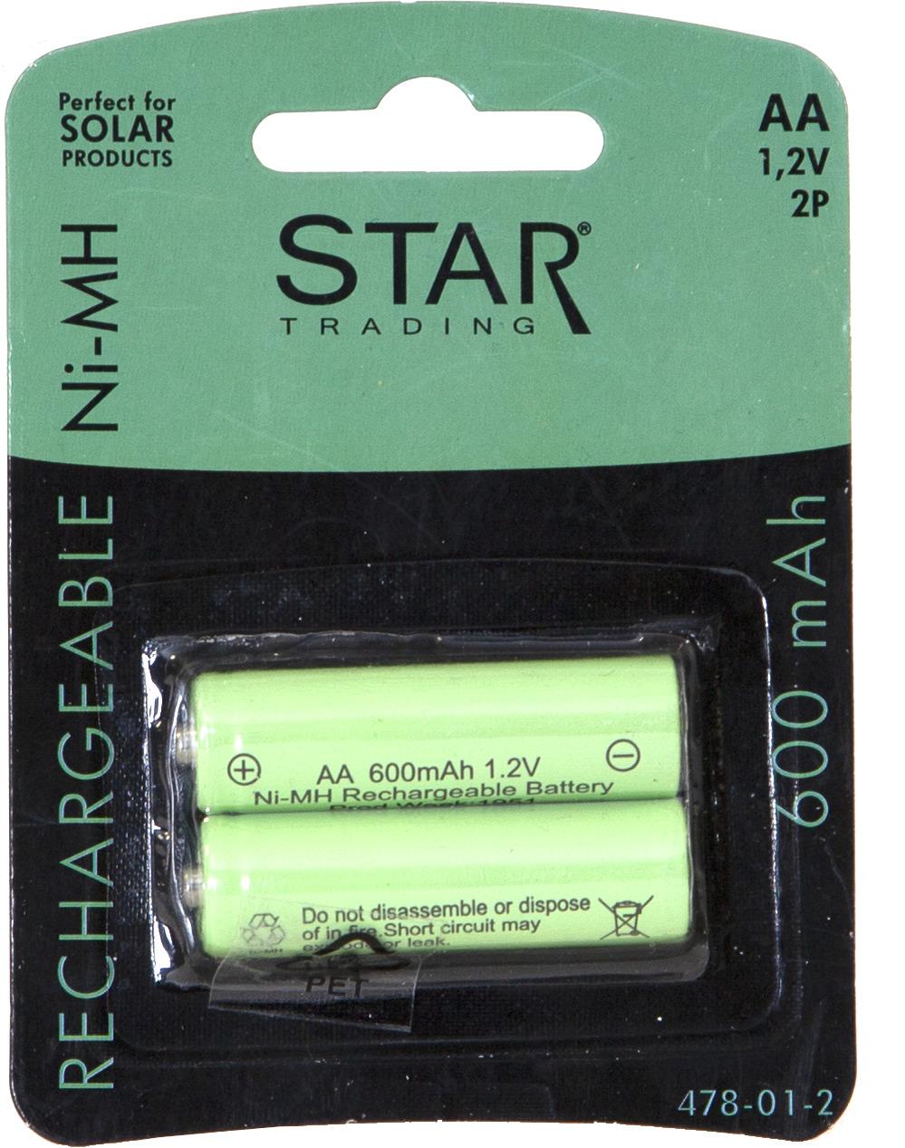 2-pak Batteri AA 1,2V Ni-mh 600 mAh Genopladeligt