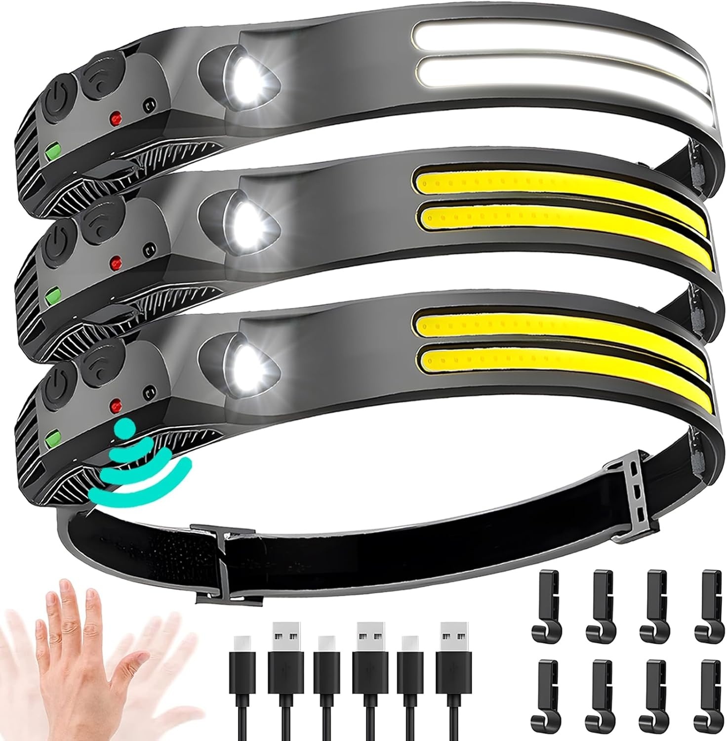 3pack 2025 Huvudlampa uppladdningsbar, 1000 lumen bred stråle superljus pannlampa