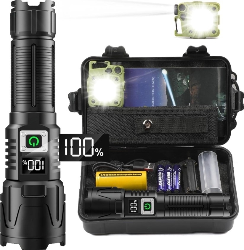 LED Ficklampa A09 set – 6000 Lumen, 50W, Uppladdningsbar & Taktisk & COB survival överlevnad