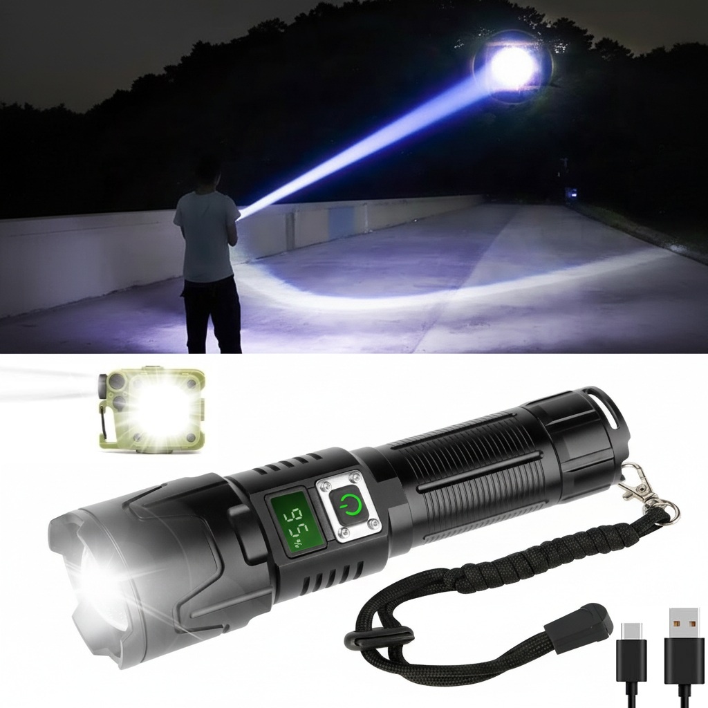 LED Ficklampa A09 set – 6000 Lumen, 50W, Uppladdningsbar & Taktisk & COB survival
