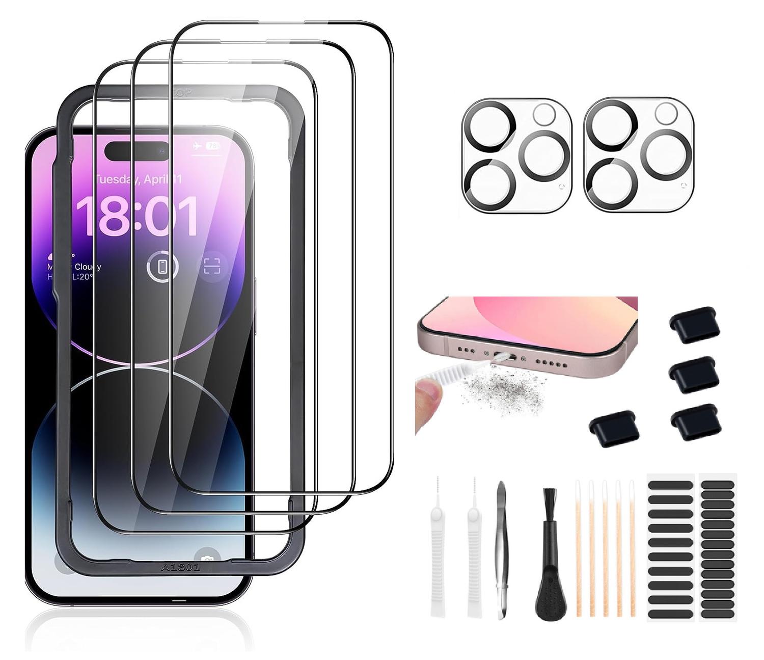 6-Pack iPhone 14 Pro Max Härdat Glas Skärmskydd Linsskydd Rengöringskit