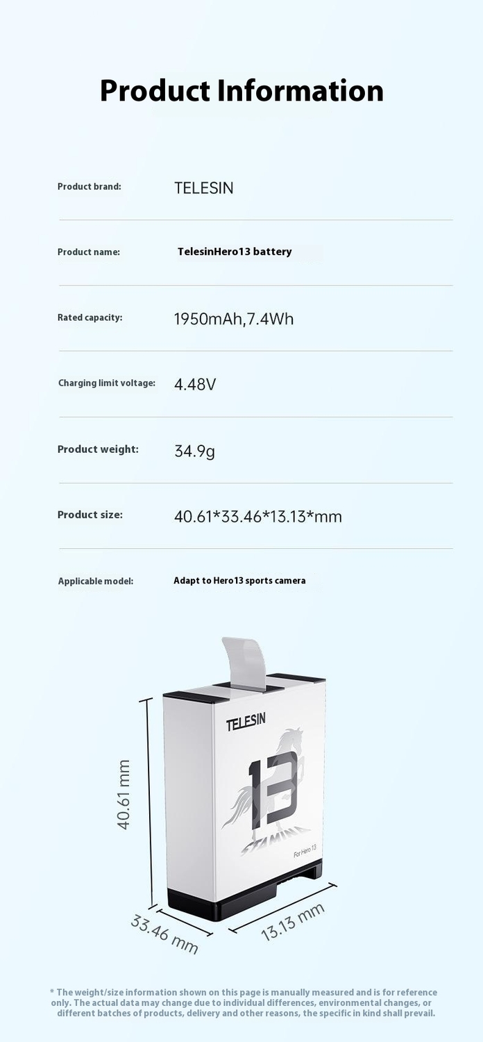 Batteri för GoPro Hero 13 7.4Wh 1950mAh JH-GP13 Ersättningsbatteri för låg temperatur