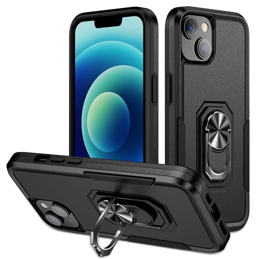 iPhone 15 Hybrid skal med Finger Ring & Metall Plåt - Svart