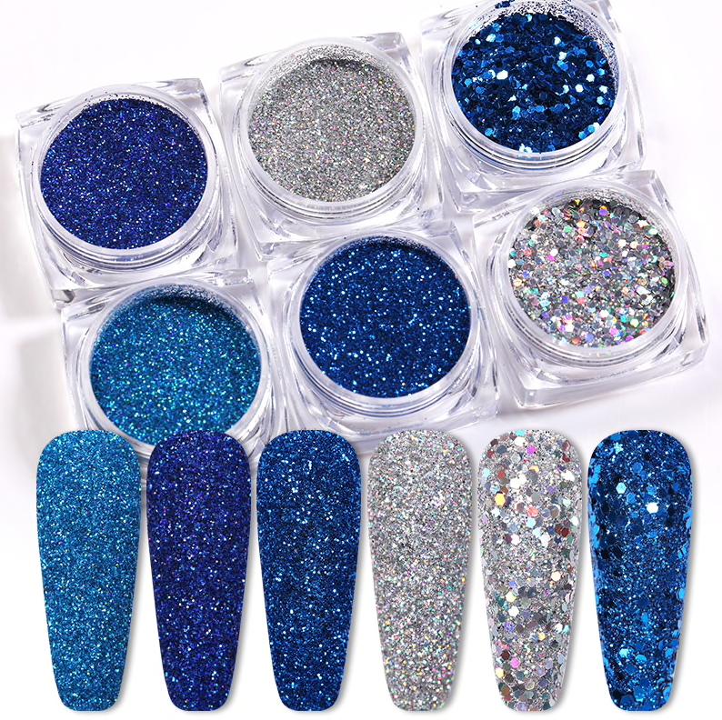 Glittermix blå nyanser för naglar/kropp/hår/makeup 6 burkar