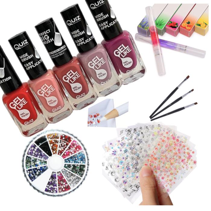 Nageldekorationskit 5 nagellack, 3 penslar, rhinestones, stickers 10 ark