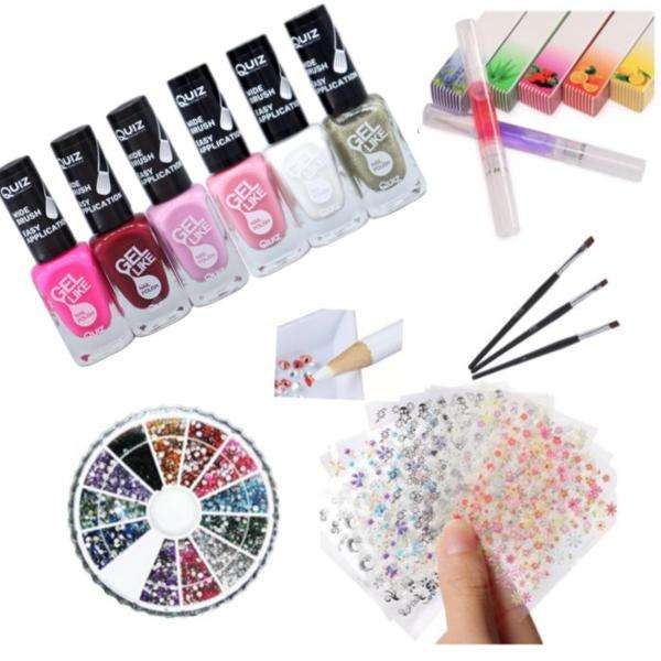 Nageldekorationskit 6 nagellack, penslar, rhinestones, stickers 10 ark