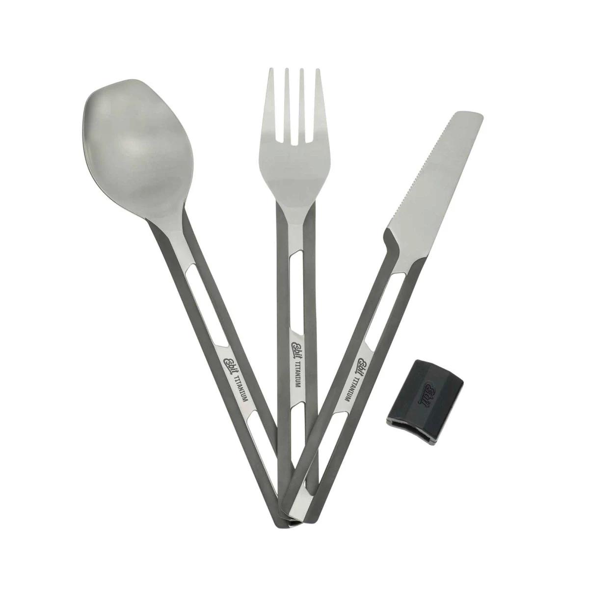 ESBIT TITANIUM 3-PEICE CUTLERY SET WITH SILICONE SLEEVE, bestick titanium