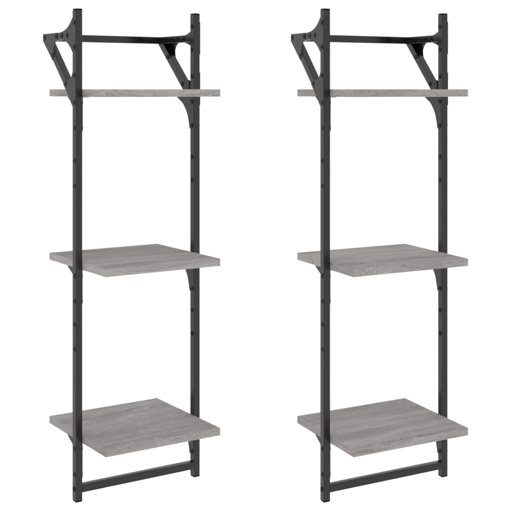 vidaXL Vägghyllor 3-plan med stänger 2 st grå sonoma 30x25x100 cm