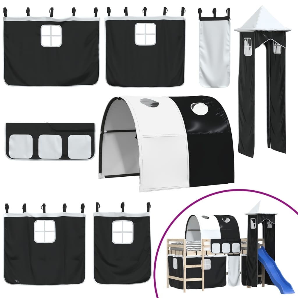 Gardiner til køyeseng med tunnel og tårn hvit og svart