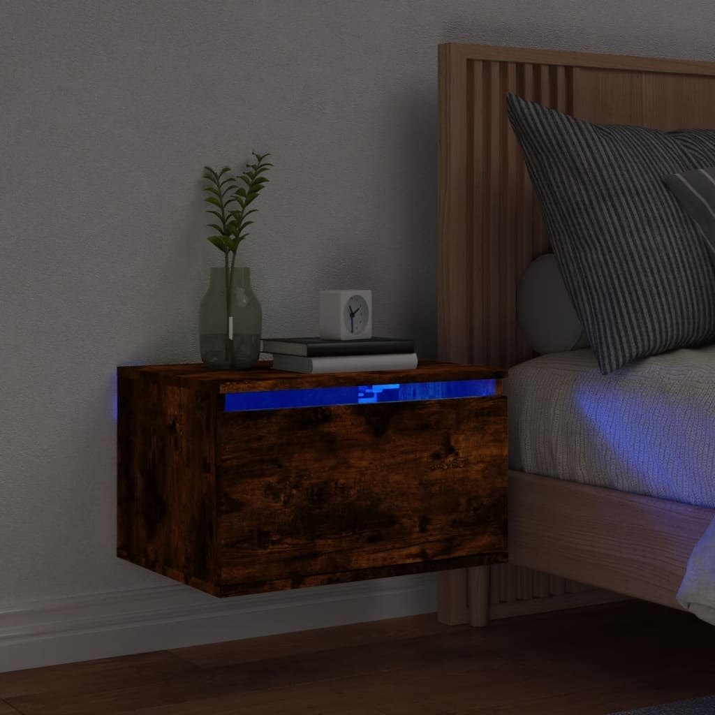 vidaXL Väggmonterat sängskåp med LED rökfärgad ek