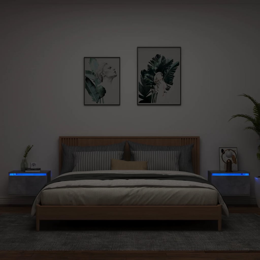 vidaXL Väggmonterade sängbord med LED-lampor 2 st betonggrå