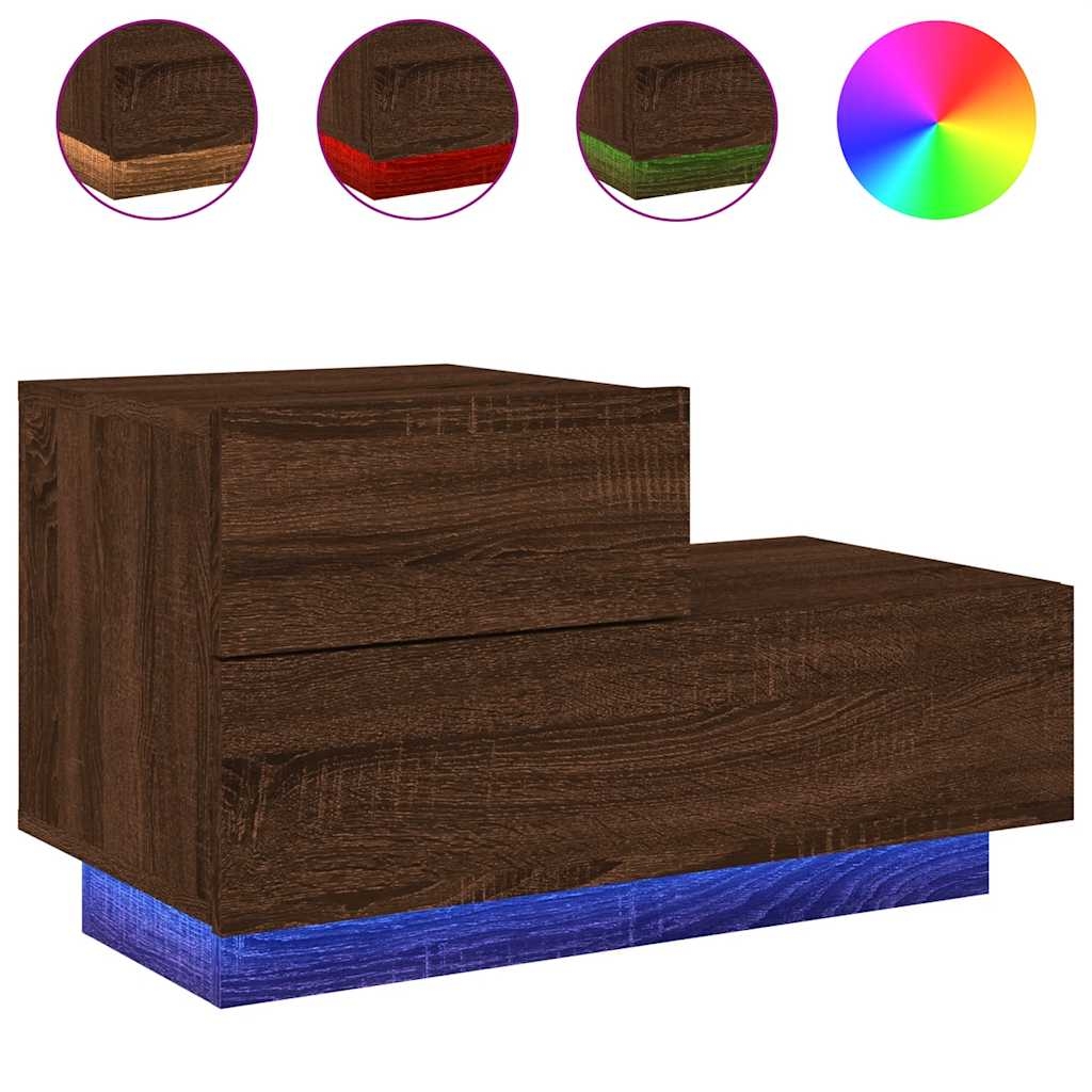 vidaXL Sängbord med LED-lampor brun ek 70x36x40,5 cm