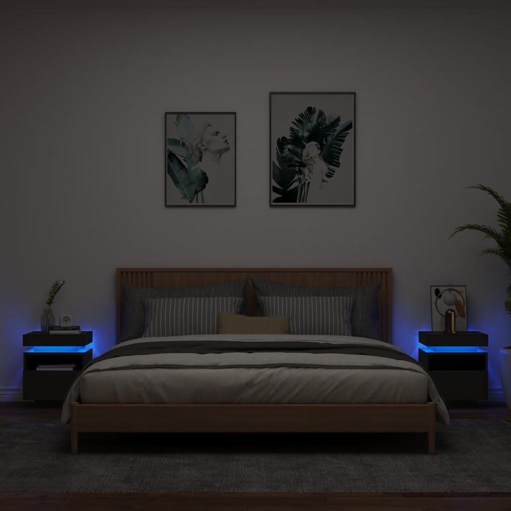 vidaXL sengeborde 2 stk. med LED-lys 40x39x48,5 cm sort