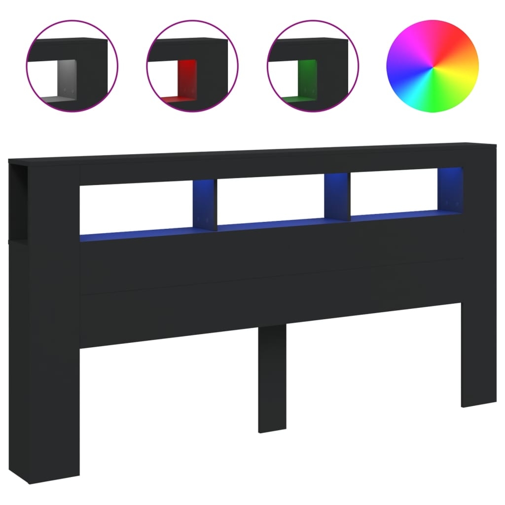 vidaXL Sänggavel LED svart 200x18,5x103,5 cm konstruerat trä