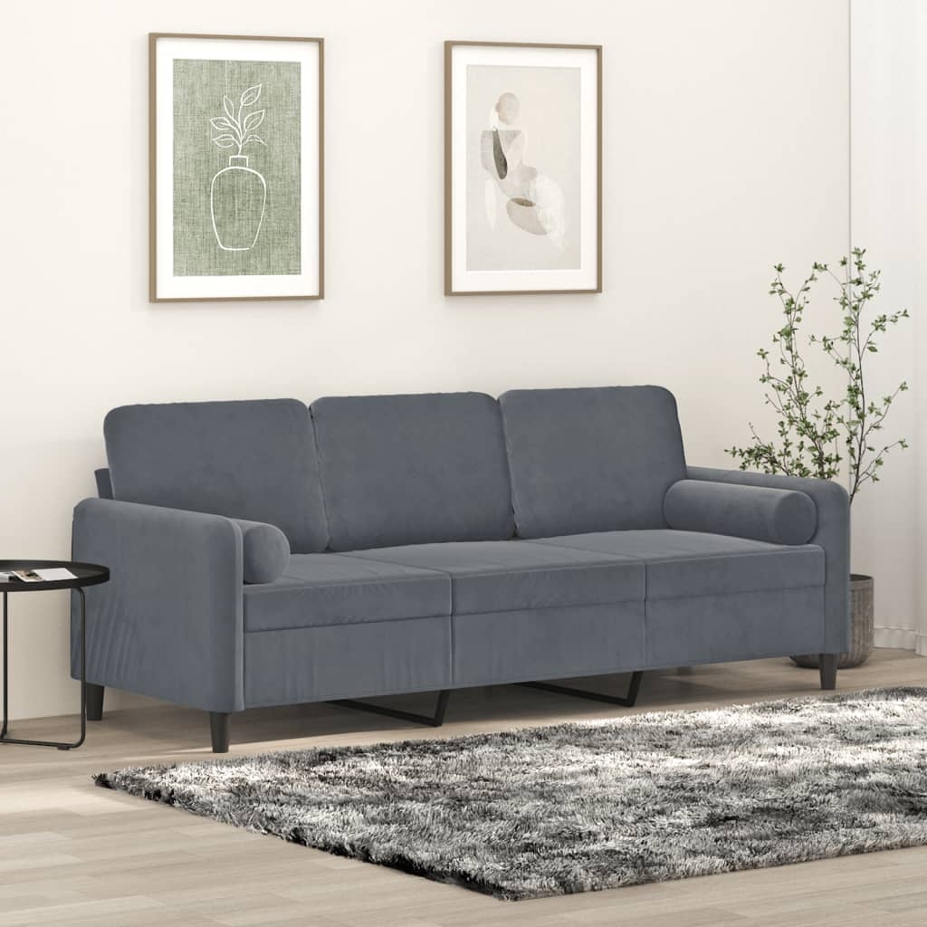 vidaXL 3-sitssoffa med prydnadskuddar mörkgrå 180 cm sammet