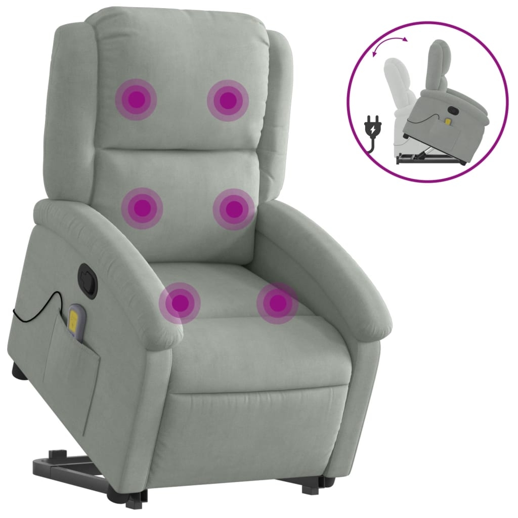 vidaXL Massagefåtölj med uppresningshjälp ljusgrå sammet