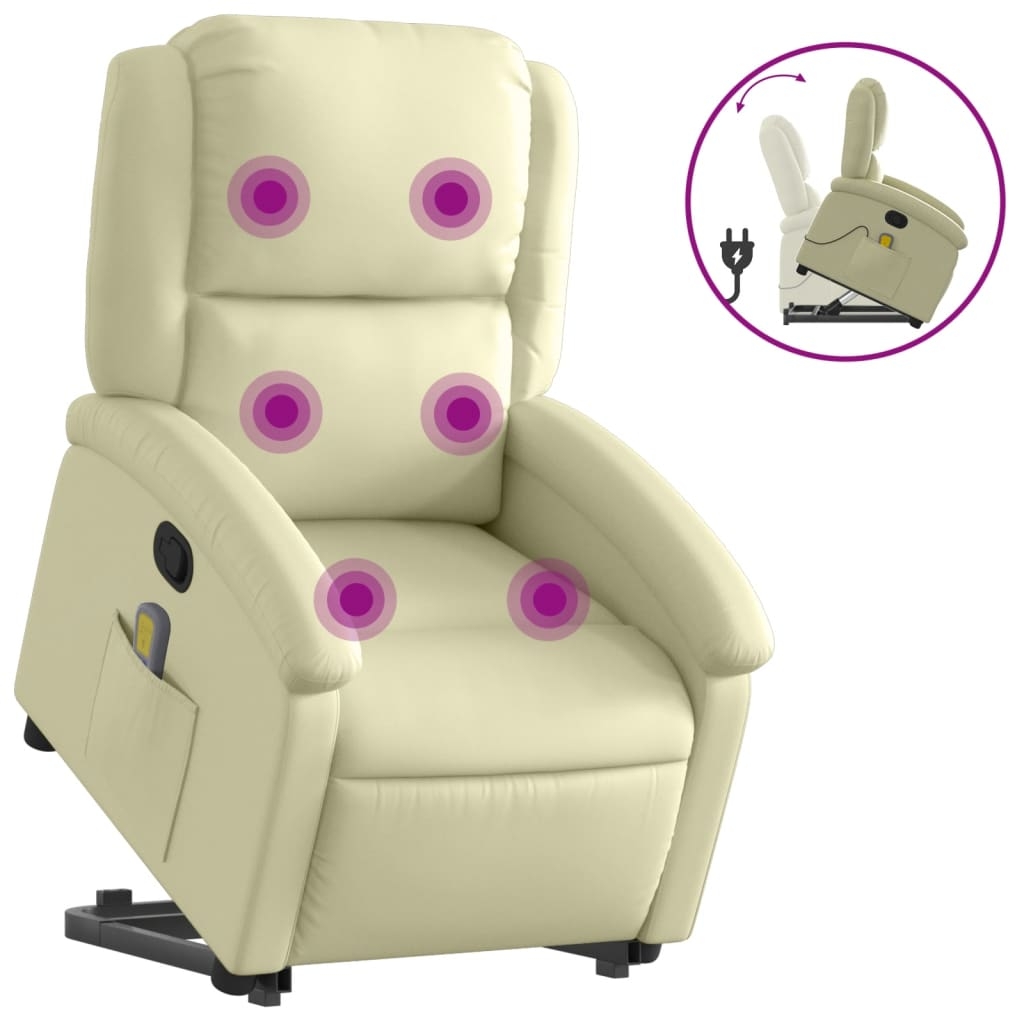 vidaXL Massagefåtölj med uppresningshjälp gräddvit äkta läder