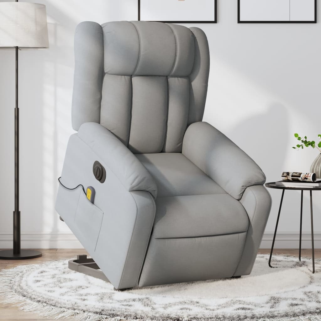 vidaXL Elektrisk massagefåtölj med uppresningshjälp ljusgrå tyg