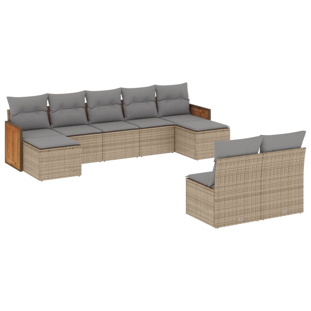 vidaXL Soffgrupp för trädgården med dynor 9 delar beige konstrotting