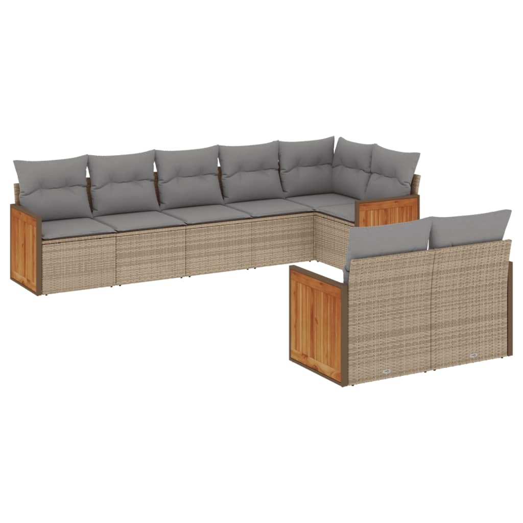 vidaXL Matgrupp för trädgården med dynor 8 delar beige konstrotting