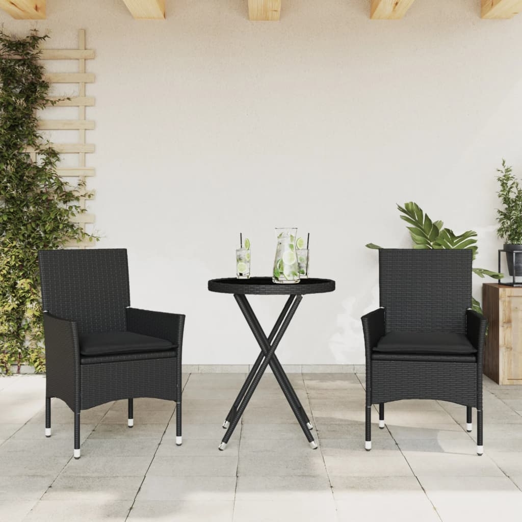 vidaXL Bistrogrupp med dynor 3 delar svart konstrotting och glas