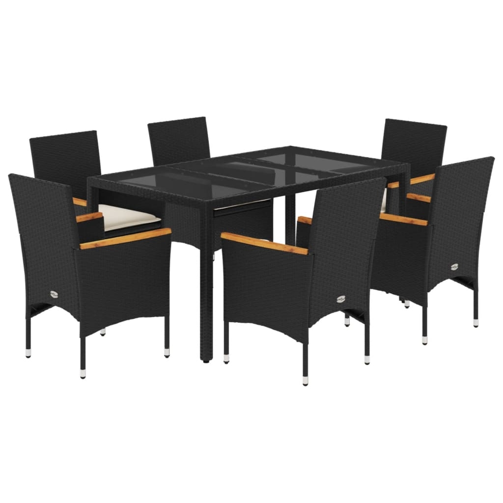vidaXL Matgrupp för trädgård med dynor 7 delar svart konstrotting&glas