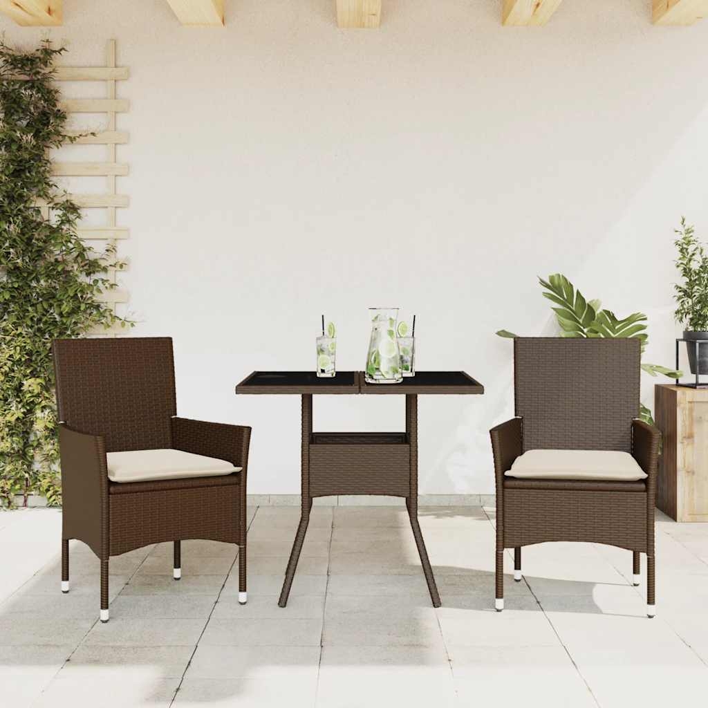 vidaXL Matgrupp för trädgård med dynor 3 delar brun konstrotting&glas