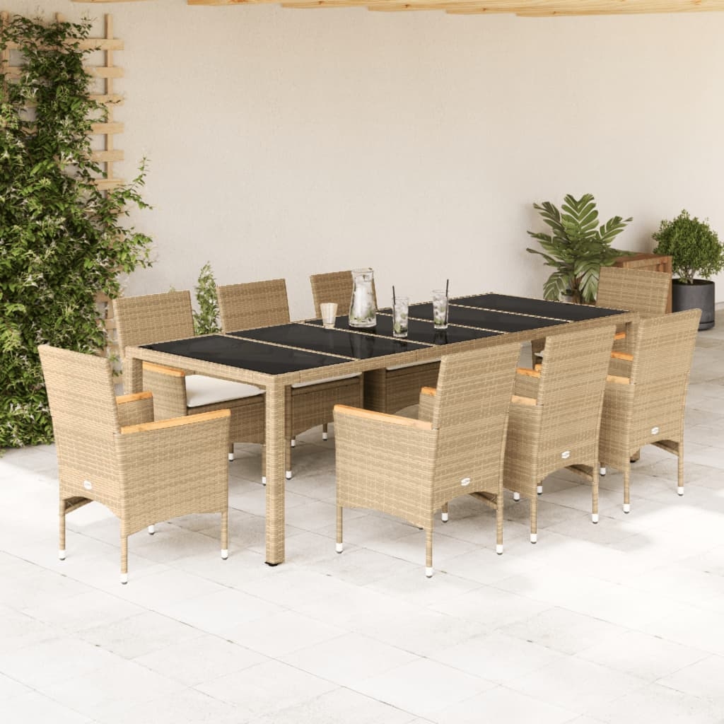 vidaXL Matgrupp för trädgård med dynor 9 delar beige konstrotting&glas