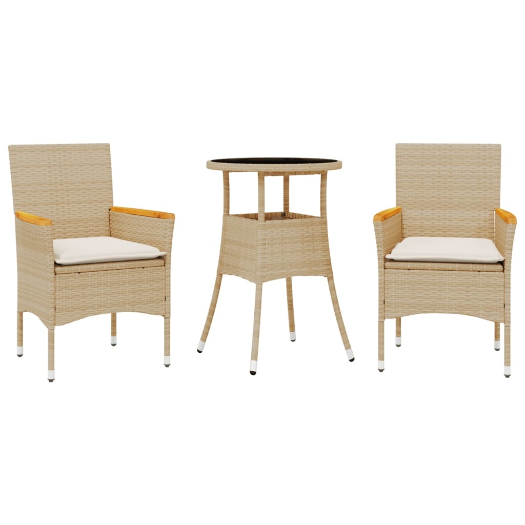 vidaXL Matgrupp för trädgård med dynor 3 delar beige konstrotting&glas