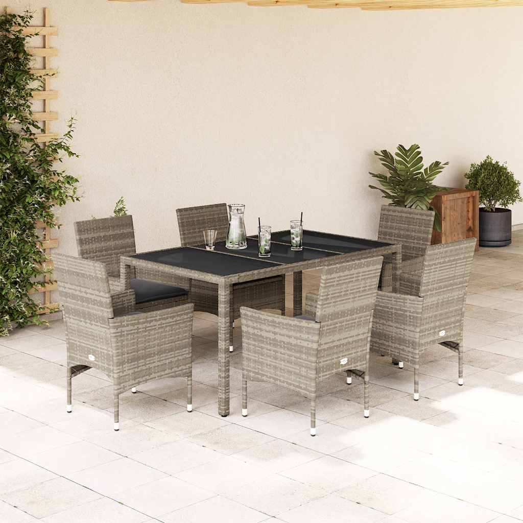 vidaXL Matgrupp för trädgården med dynor 7 delar grå konstrotting&glas