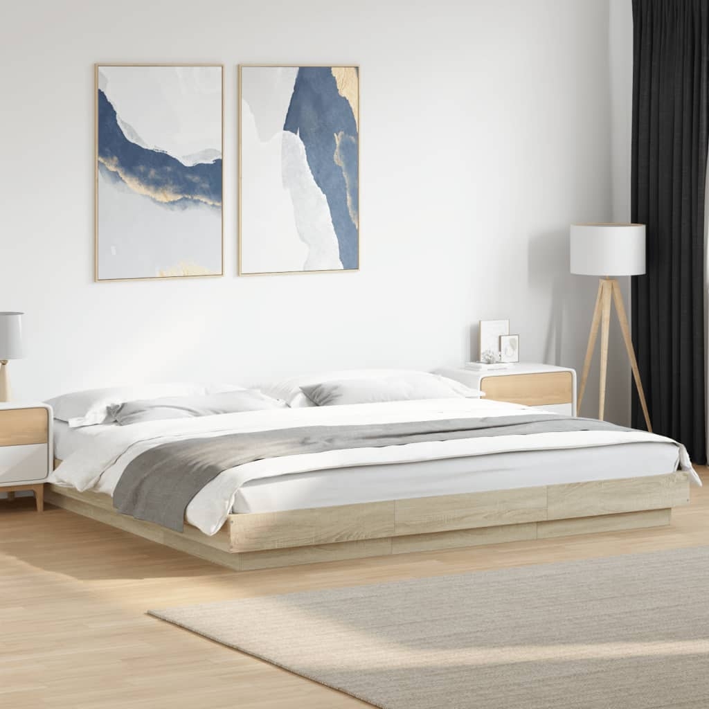 vidaXL Sängram med LEDs sonoma-ek 200x200 cm konstruerat trä