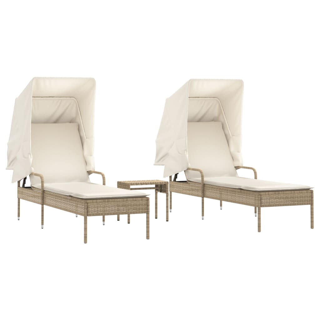 vidaXL Solsängar 2 st med tak och bord beige konstrotting