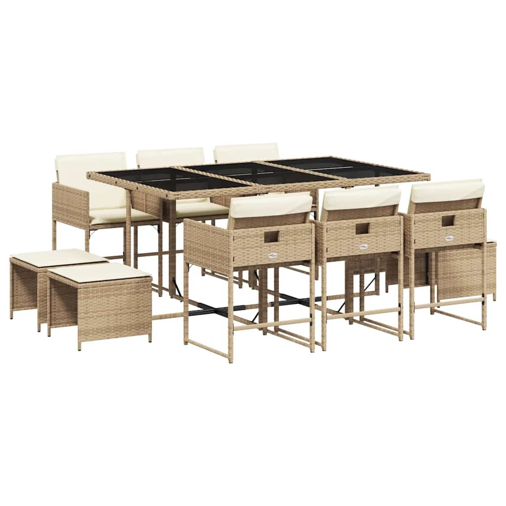vidaXL Matgrupp för trädgården med dynor 11 delar beige konstrotting