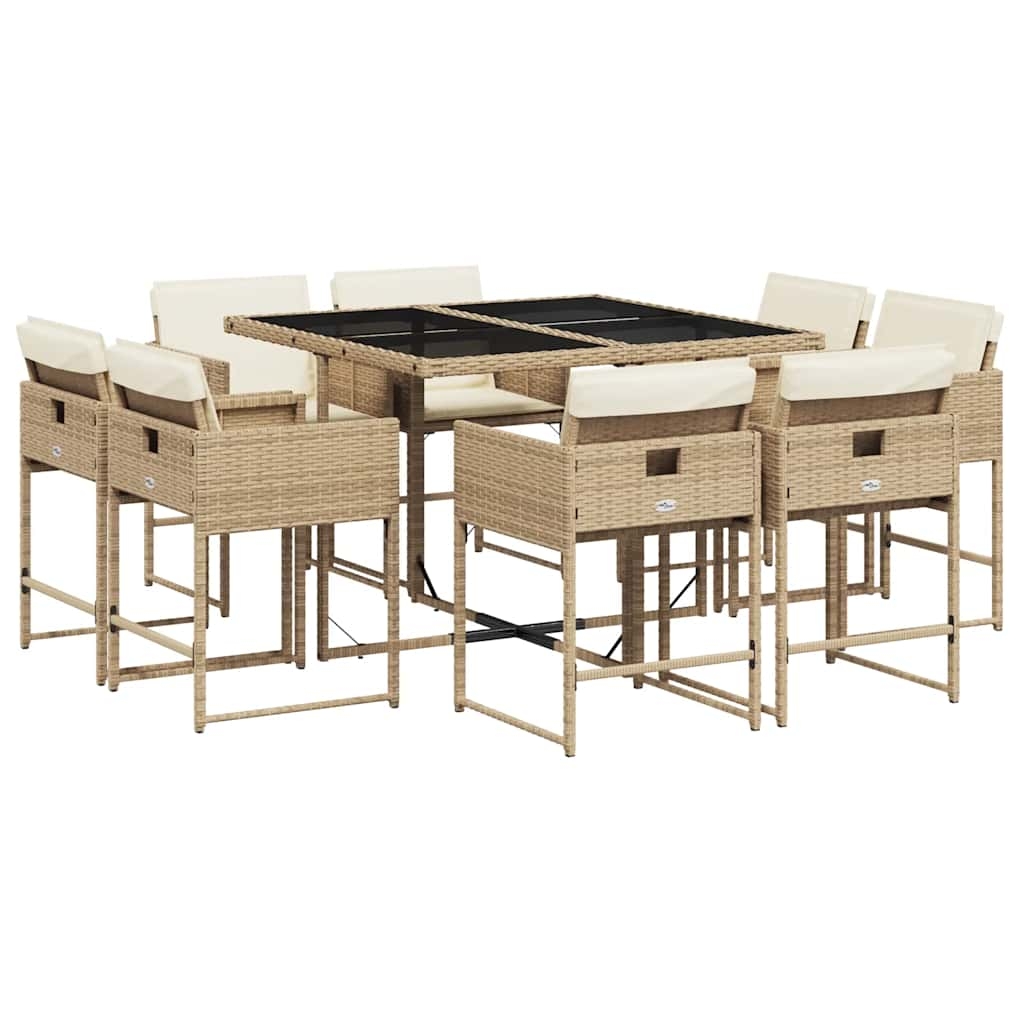 vidaXL Matgrupp för trädgården med dynor 9 delar beige konstrotting