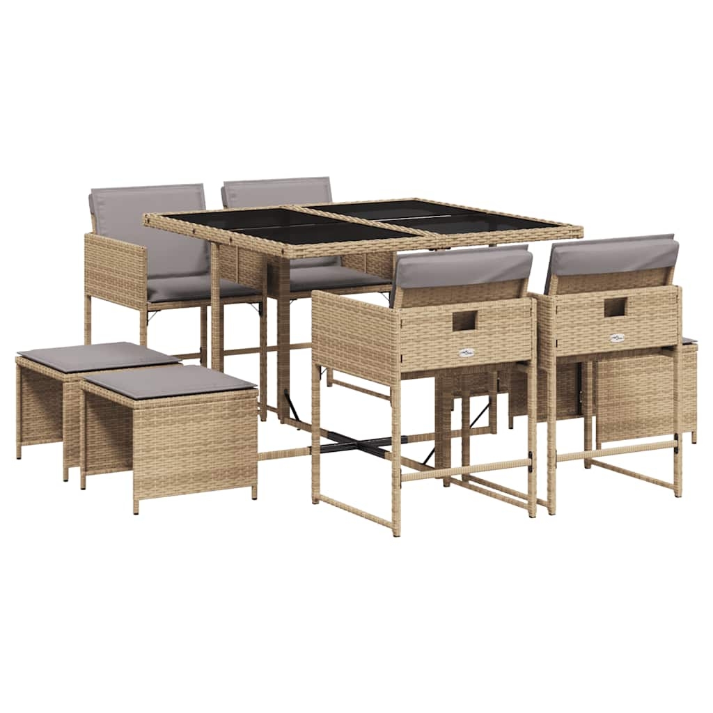 vidaXL Matgrupp för trädgården med dynor 9 delar mixbeige konstrotting