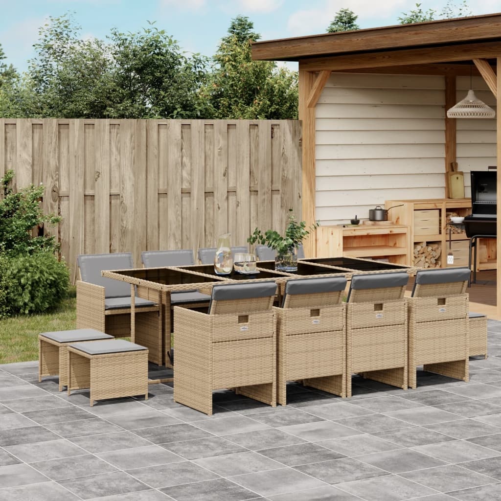 vidaXL Matgrupp för trädgården med dynor 13delar mixbeige konstrotting