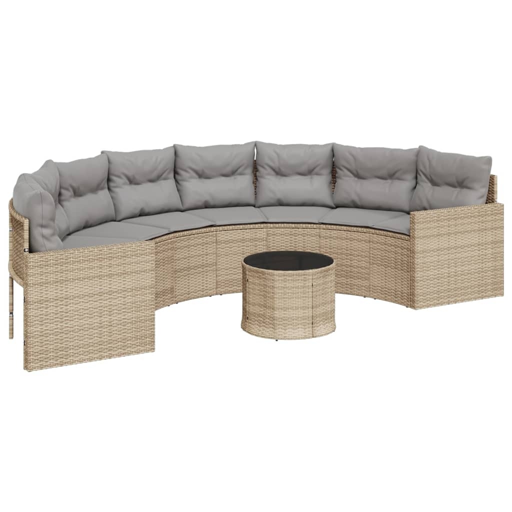 vidaXL Trädgårdssoffa med bord och dynor halvrund beige konstrotting