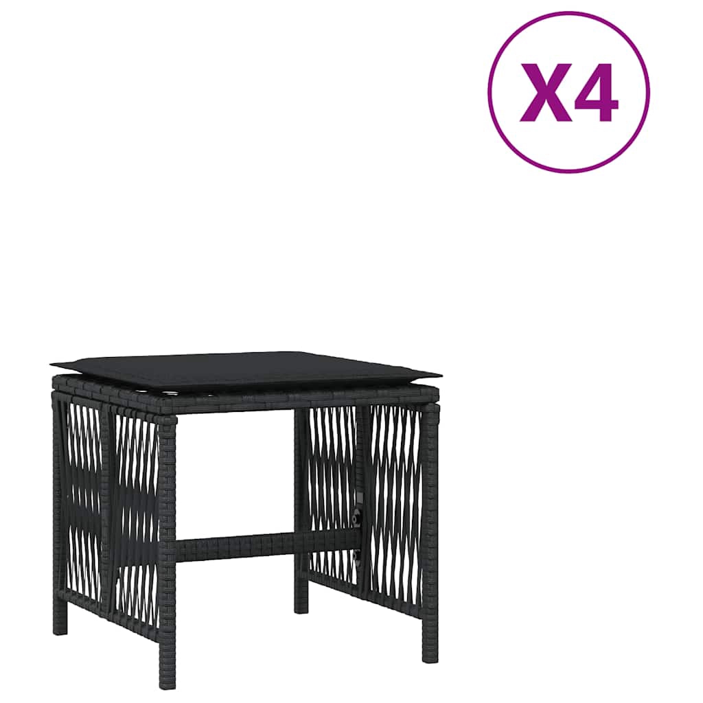 vidaXL Trädgårdspallar med dynor 4 st svart 41x41x36 cm konstrotting