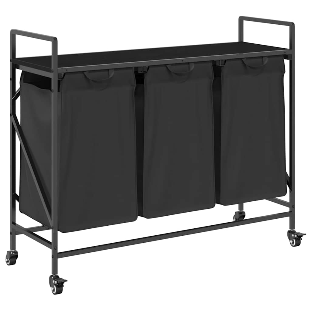 Sort Vidaxl Vasketøjskurv 3 Rum Med Hjul Egetræsfarve