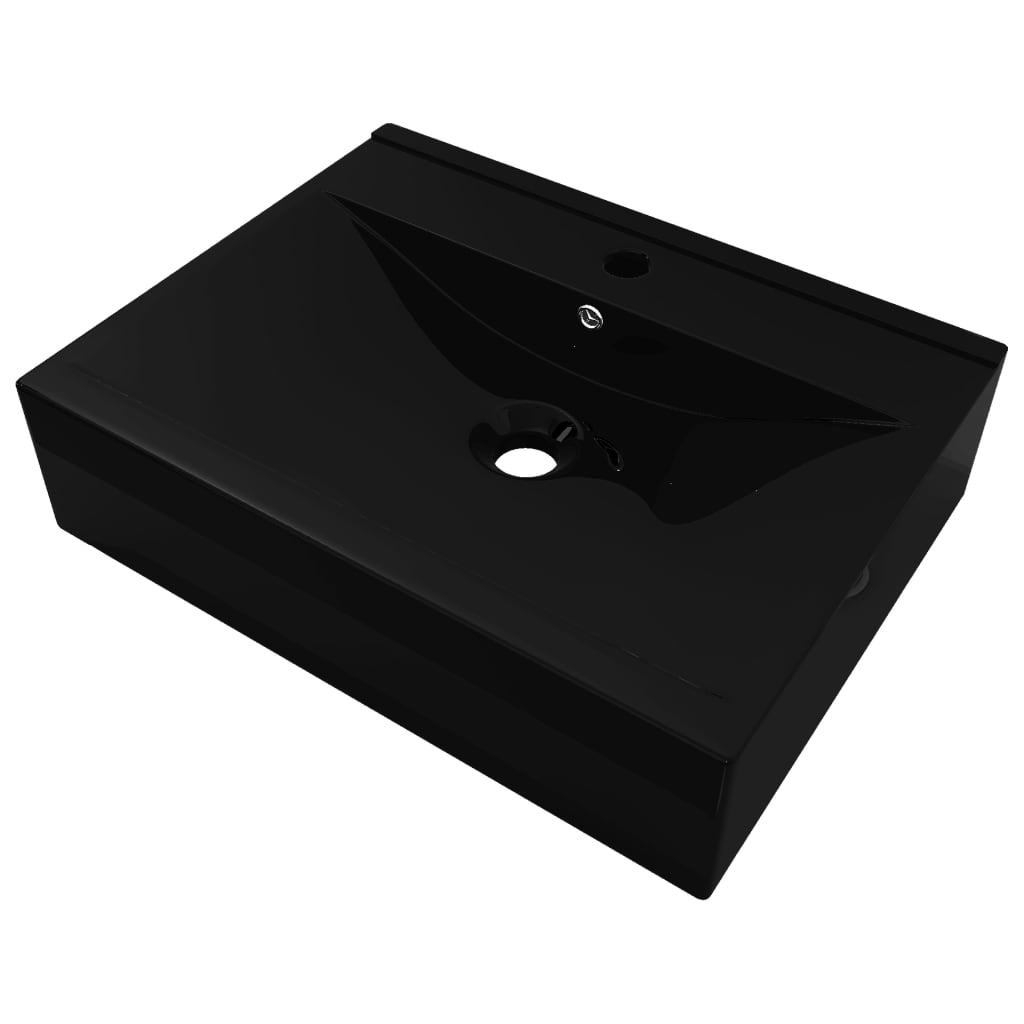 vidaXL Lyxigt keramisk fyrkantig handfat med kranhål svart 60 x 46 cm