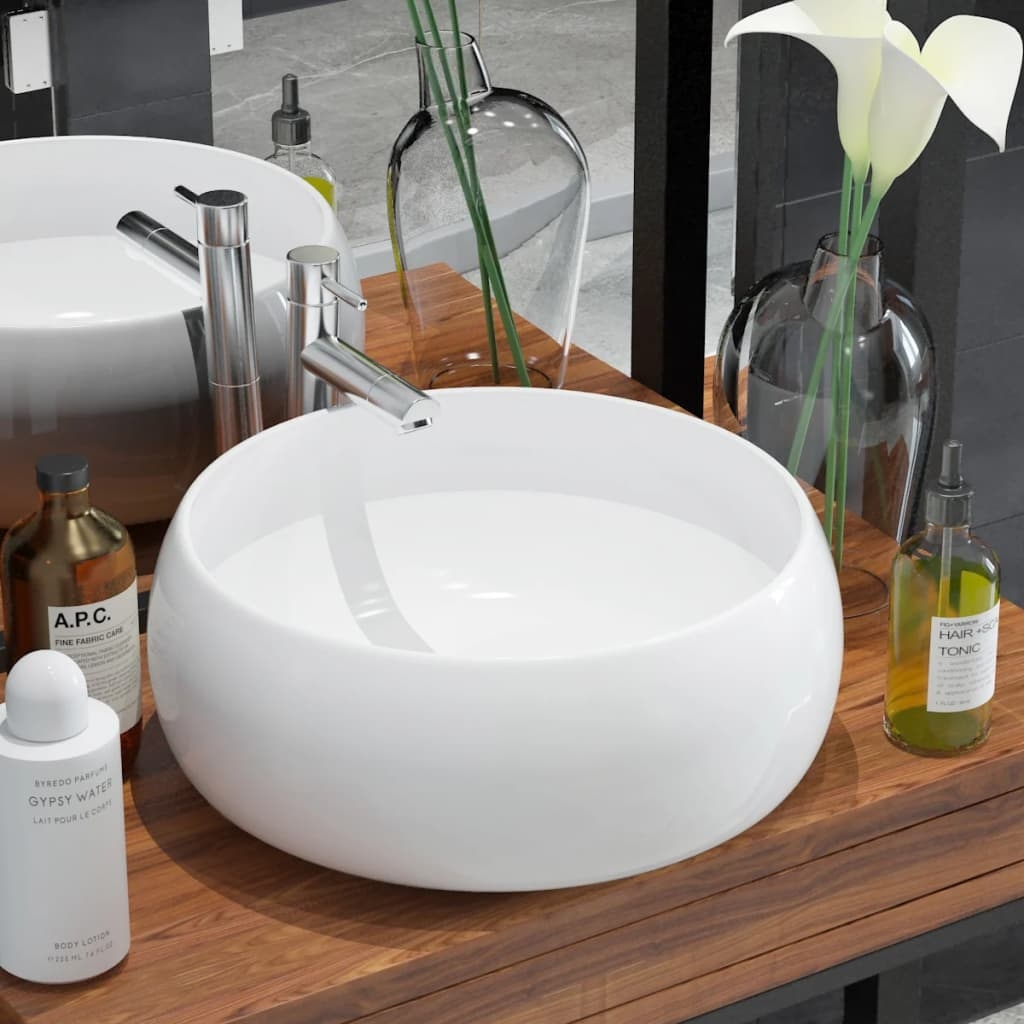 vidaXL Tvättställ rund keramik vit 40x15 cm