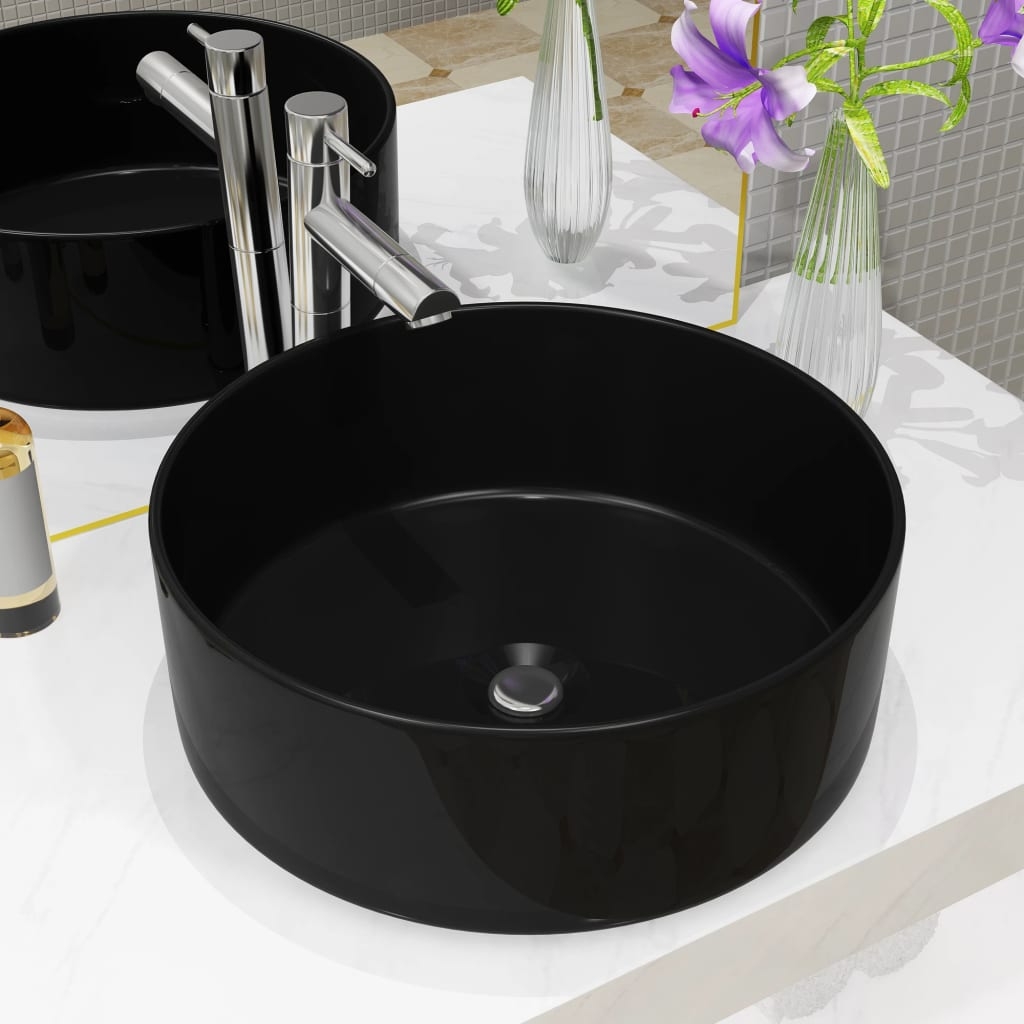 vidaXL Tvättställ keramik rund svart 40x15 cm