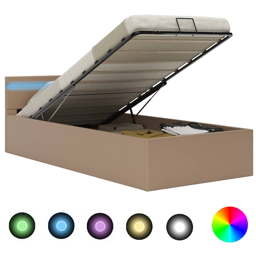 vidaXL hydraulisk opbevaringsseng LED 100x200 cm kunstlæder cappuccino