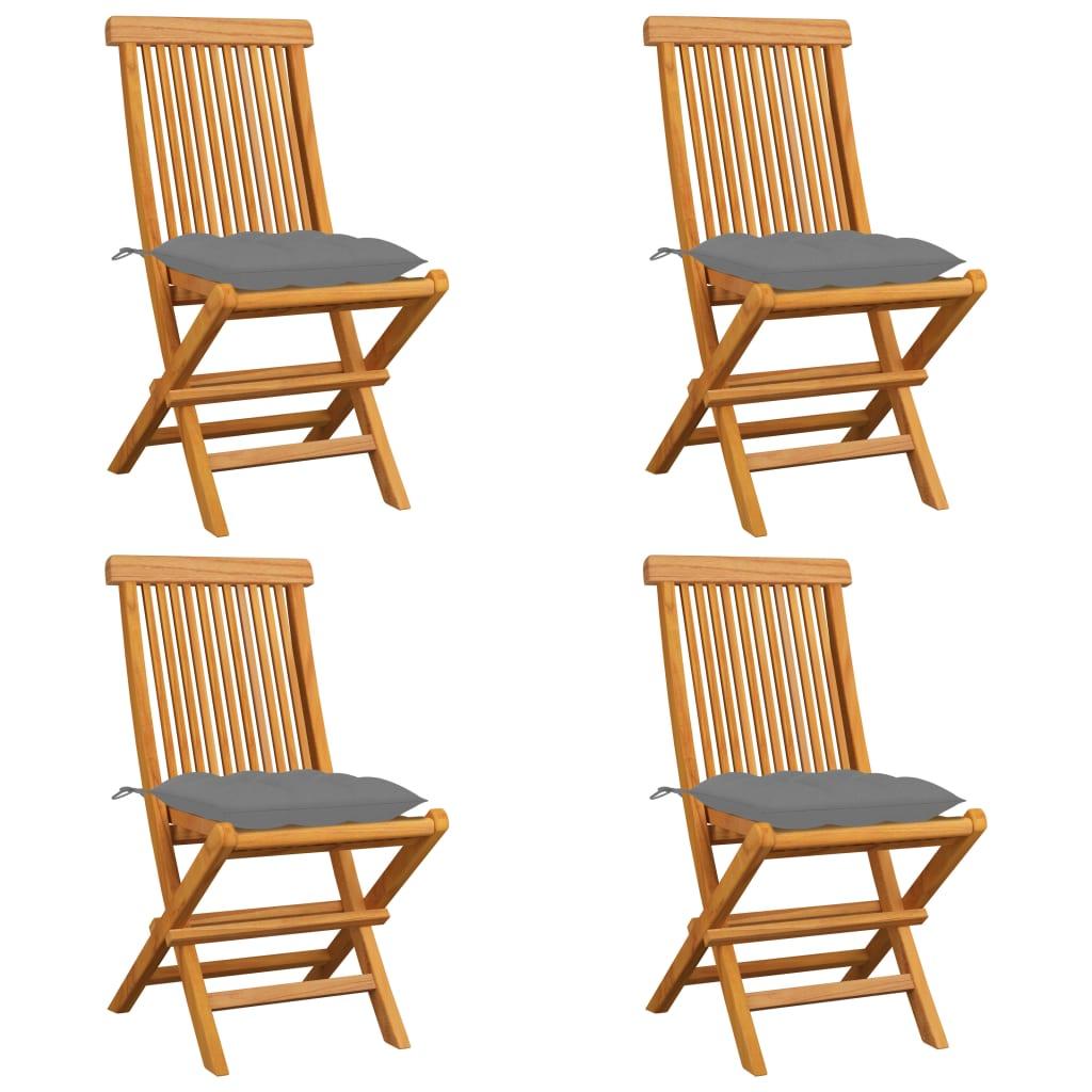vidaXL Trädgårdsstolar med gråa dynor 4 st massiv teak