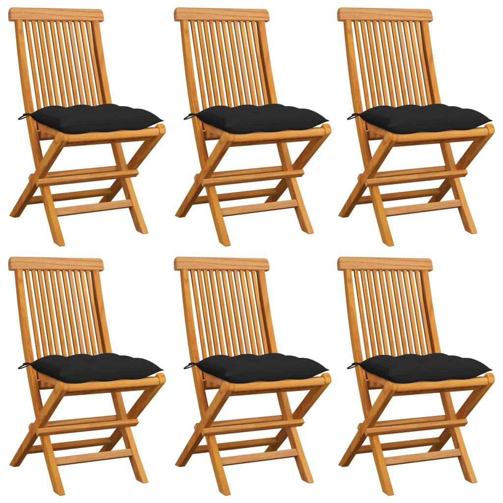 vidaXL Trädgårdsstolar 6 st med svarta dynor massiv teak