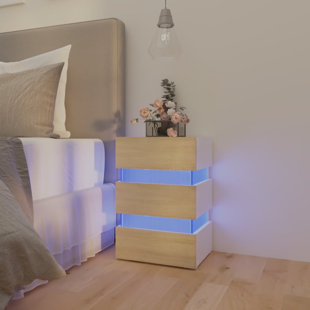 vidaXL Sängskåp LED vit och sonoma-ek 45x35x67 cm spånskiva