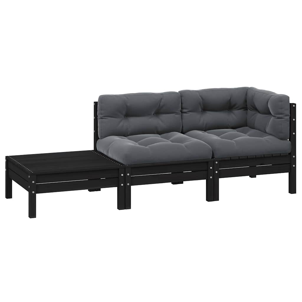 vidaXL Loungegrupp med dynor svart 3 delar massiv furu